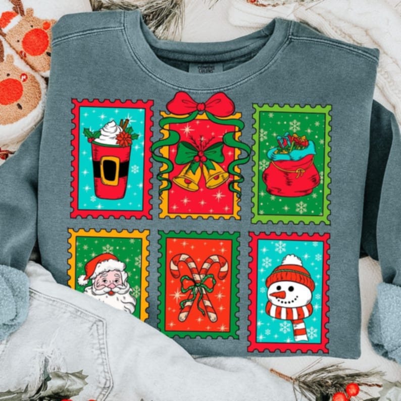 Green Blue and Red Christmas Stamps DTF transfer