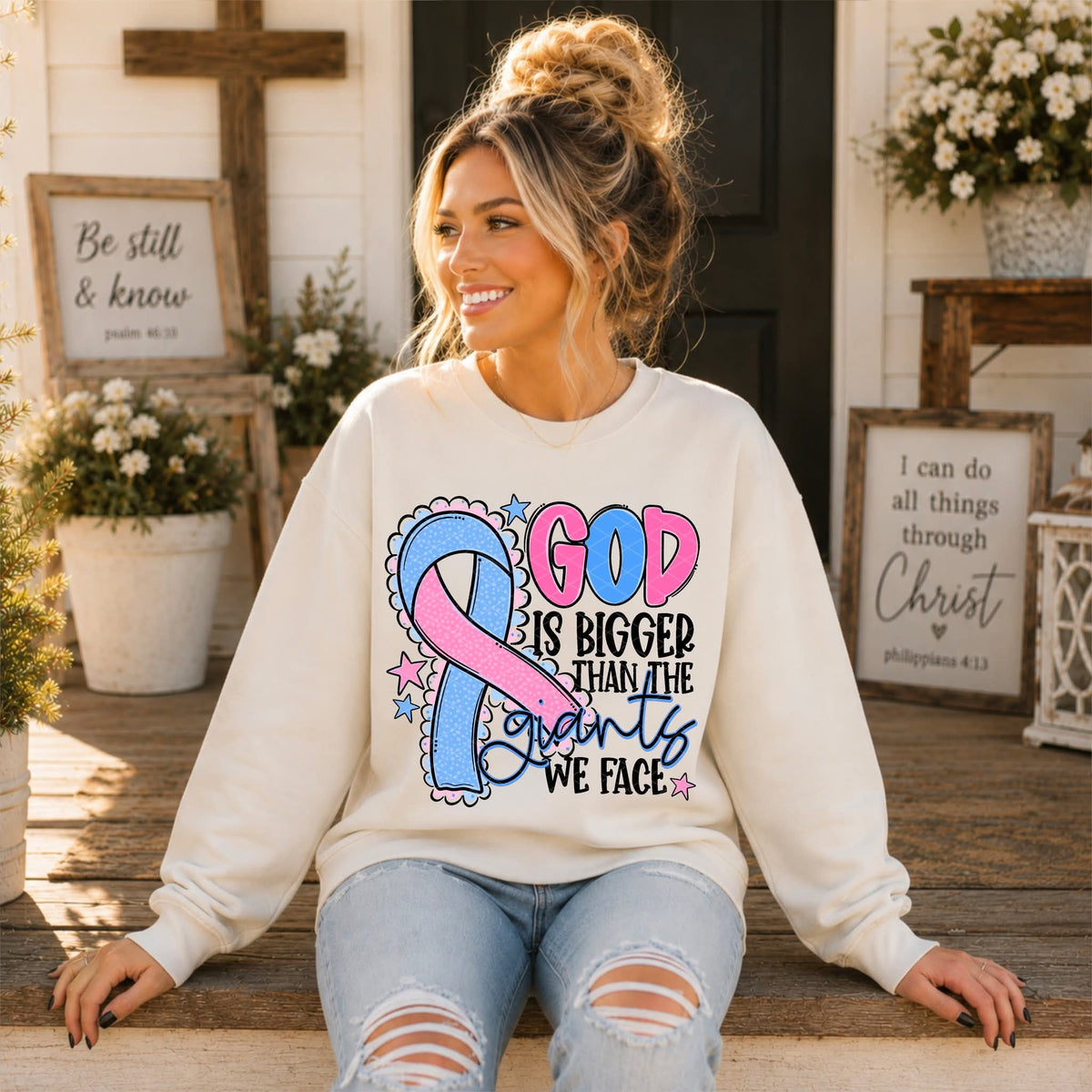God is bigger than the giants we face baby blue and pink SUNDAY SPECIAL DTF transfer