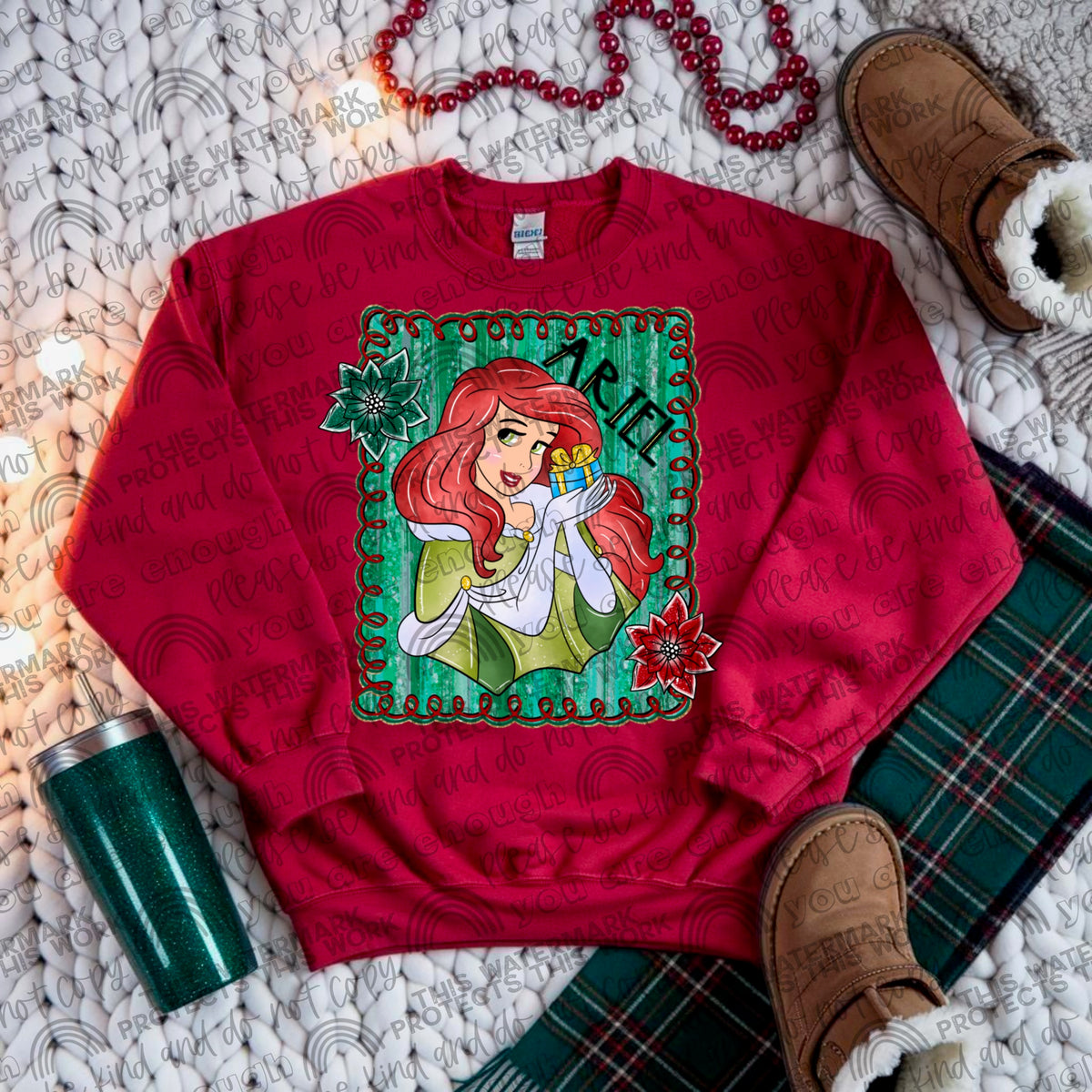 Red Hair green squiggly frame Santa hat DTF transfer
