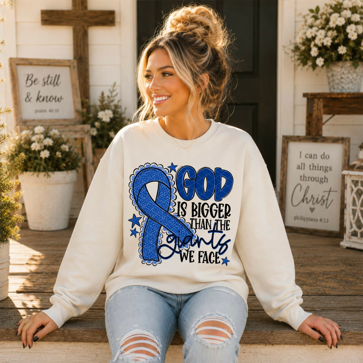 God is bigger than the giants we face BLUE  ribbon (SDD) DTF Transfer