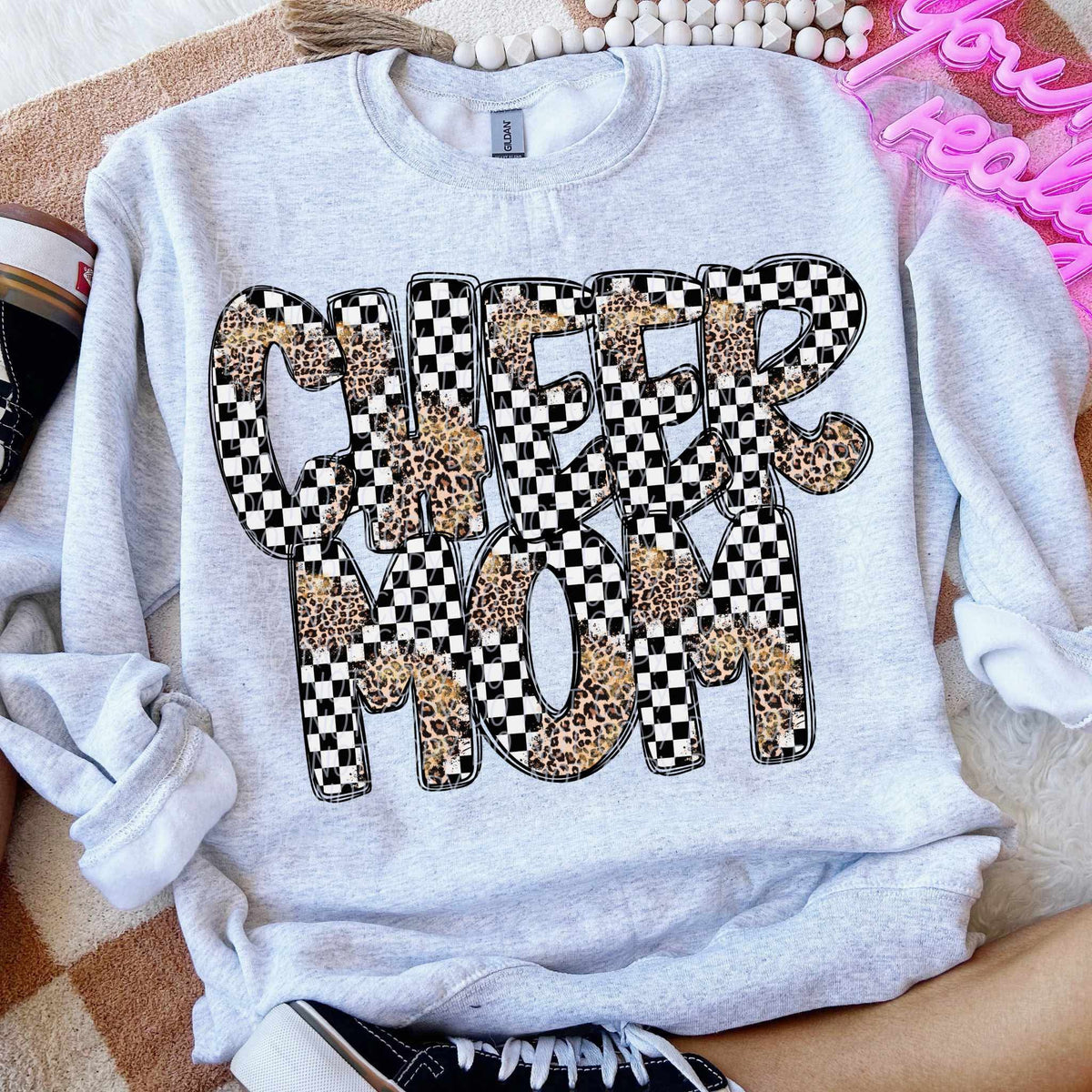 Cheer mom leopard and checkered font city DTF transfer