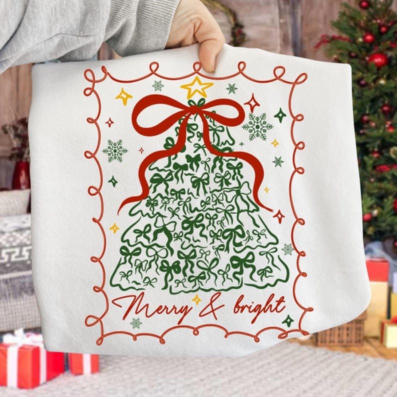 Merry and Bright bow tree with swirly frame DTF transfer