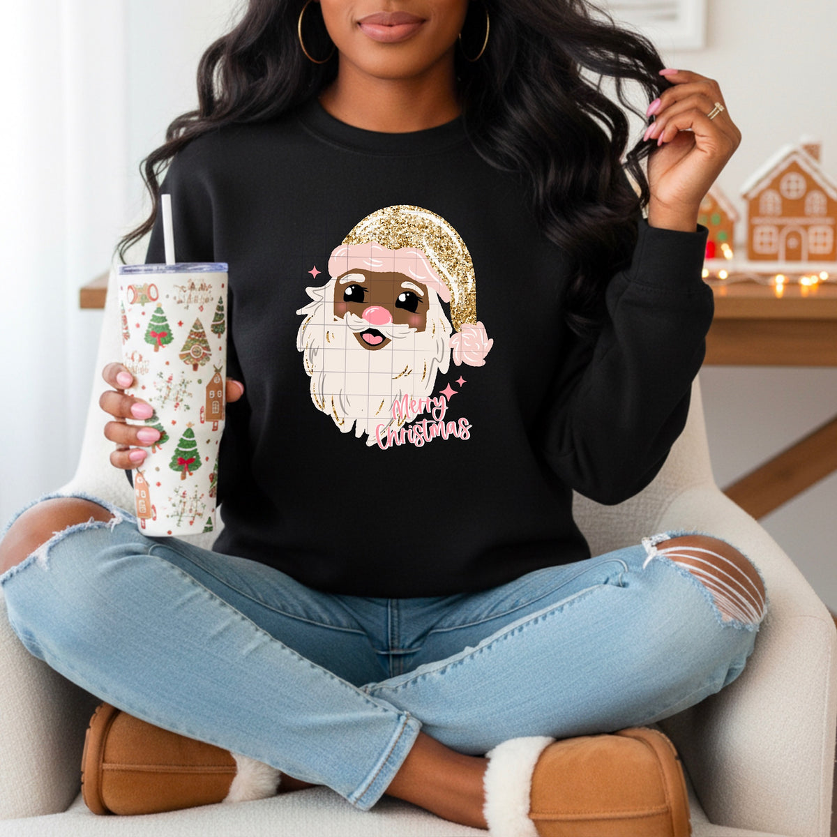 Merry Christmas glitter Santa darker skin tone CSC DTF Transfer