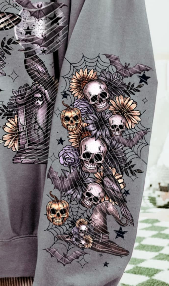 Skull with Hat and skull pumpkins SLEEVE AG DTF transfer