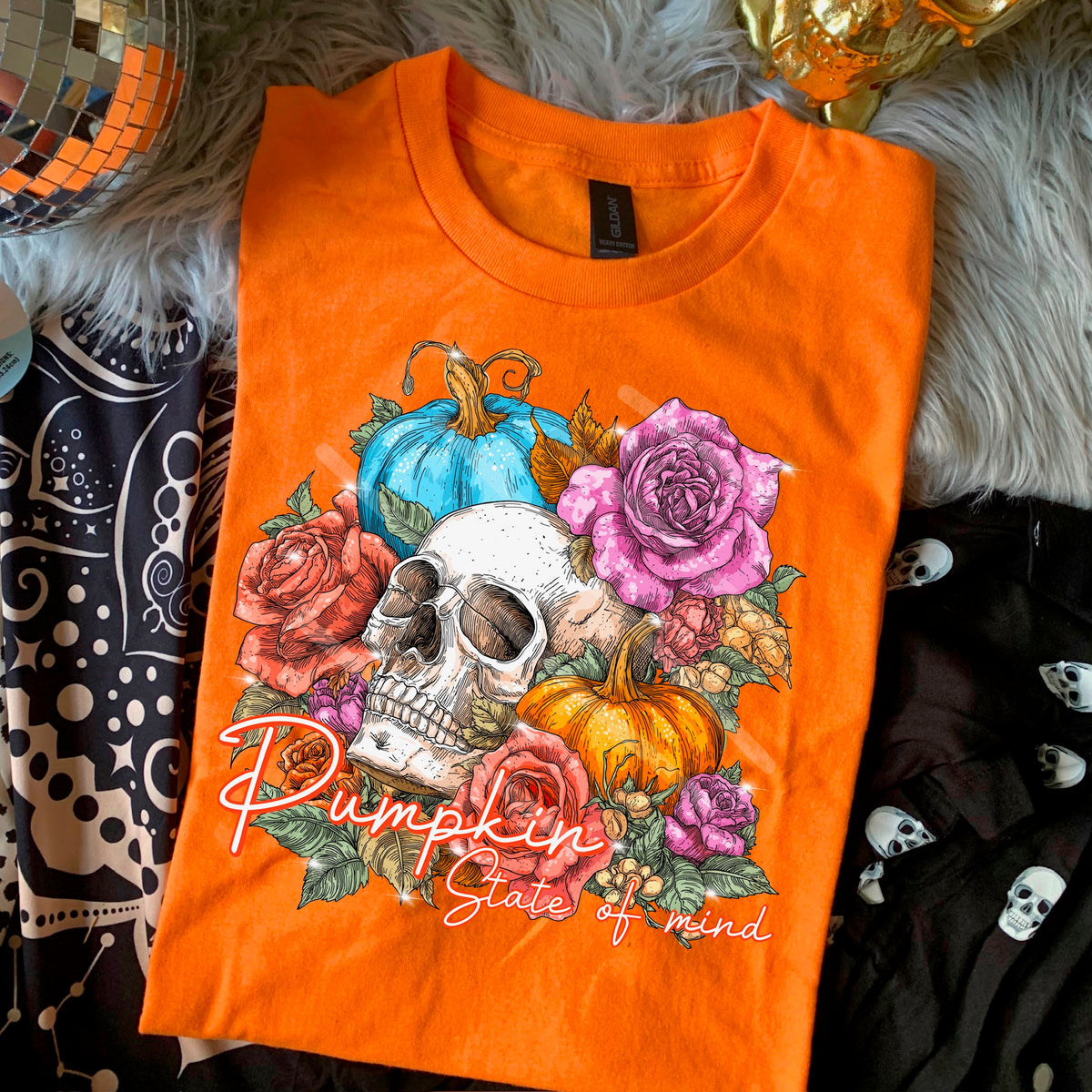 Pumpkin State Of Mind skull flowers and pumpkins 110753 DTF transfer