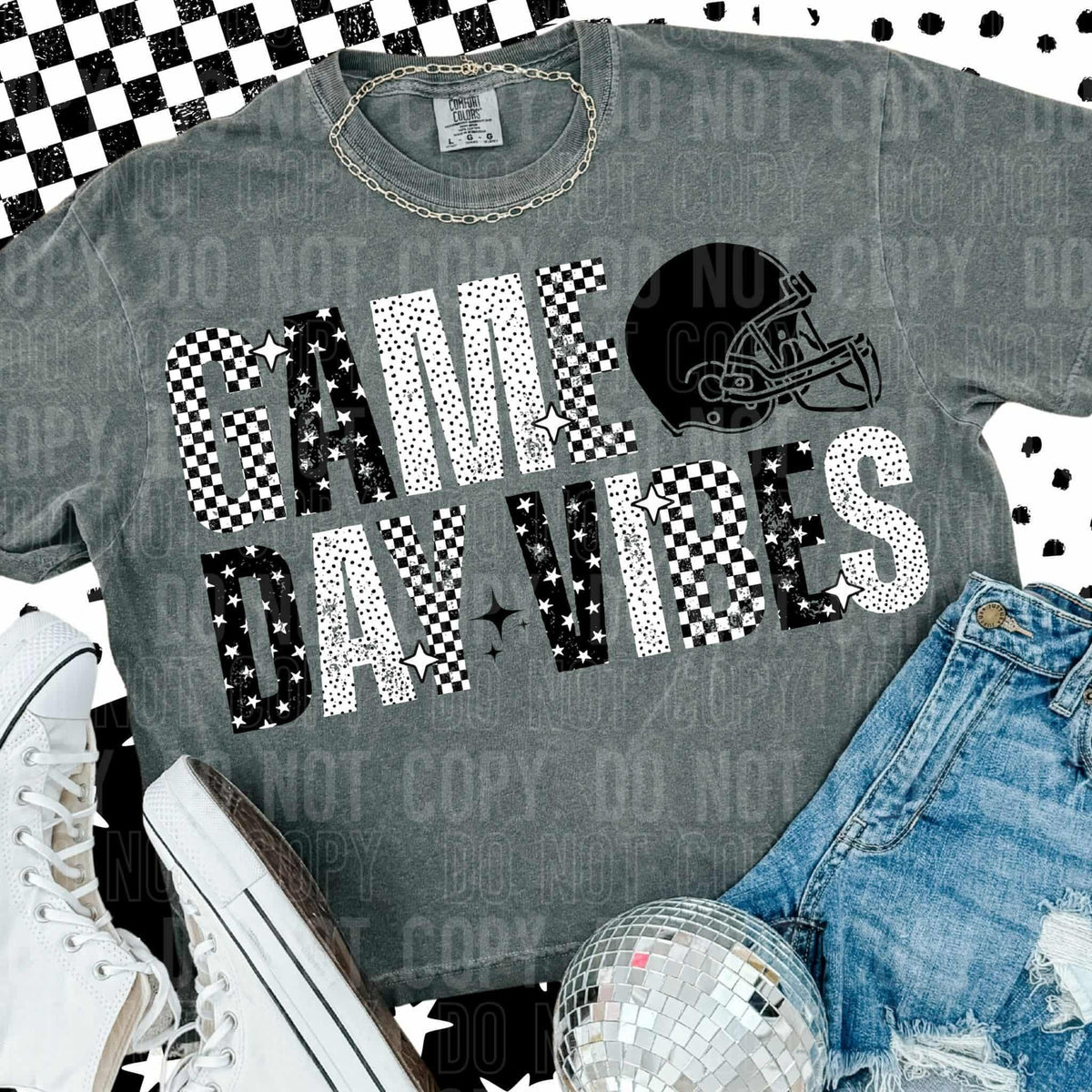 Game day vibes black and white checkered helmet (SBB) DTF transfer