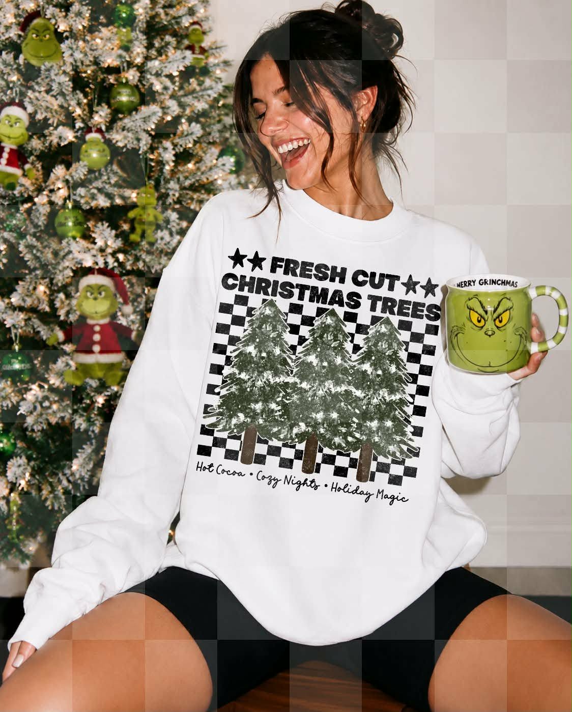 Fresh cut Christmas trees checkered background (Unhinged) DTF transfer