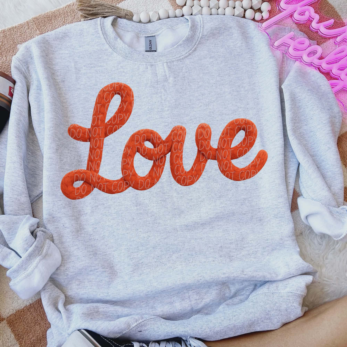 Love red cursive faux yarn (city) DTF transfer