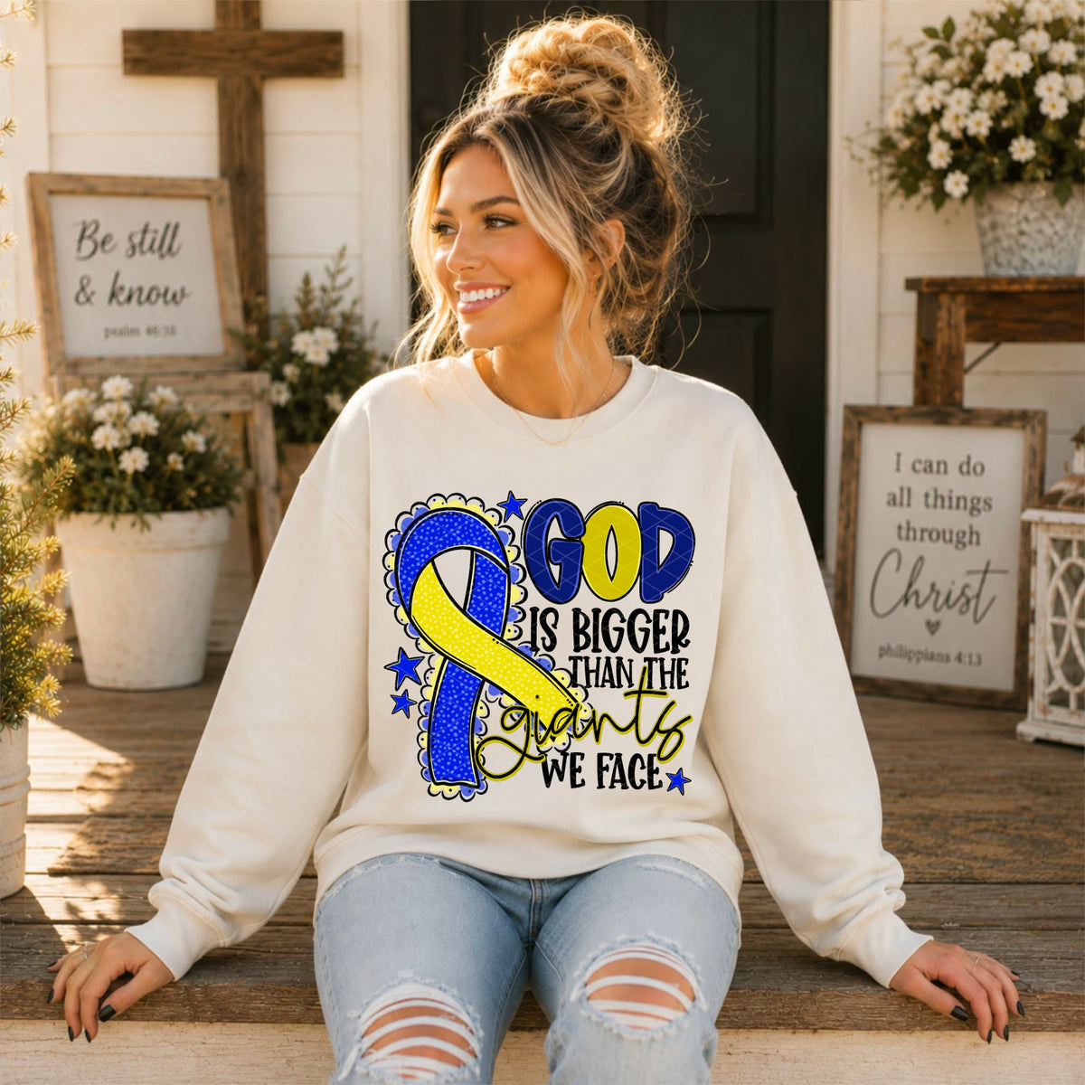 God is bigger than the giants we face BLUE AND YELLOW  ribbon (SDD) DTF Transfer