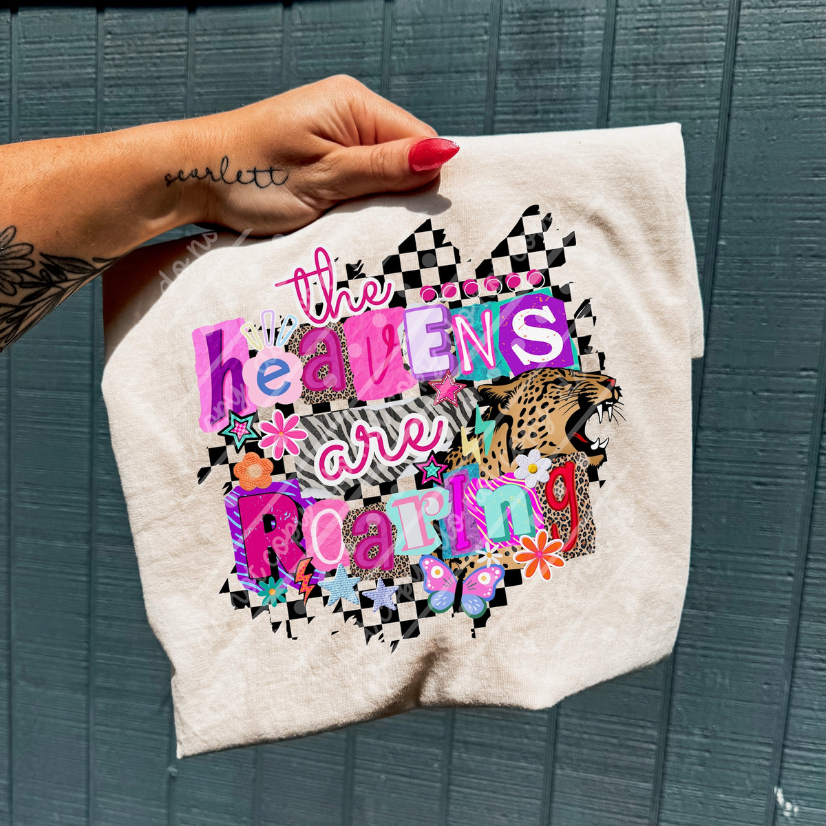 Heavens are roaring checker back magazine collage font (MZ) DTF transfer