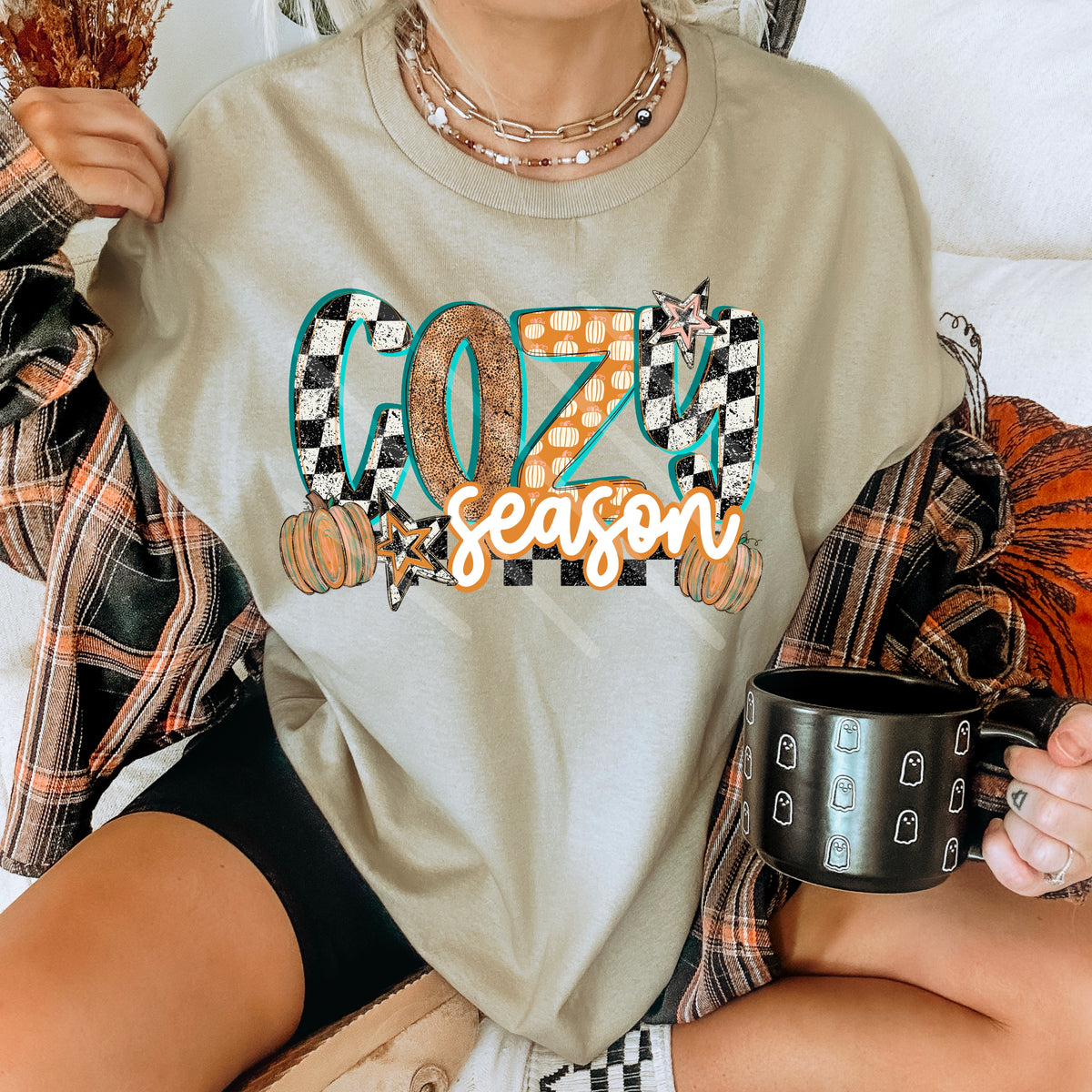 Cozy Season teal and orange checker DTF transfer