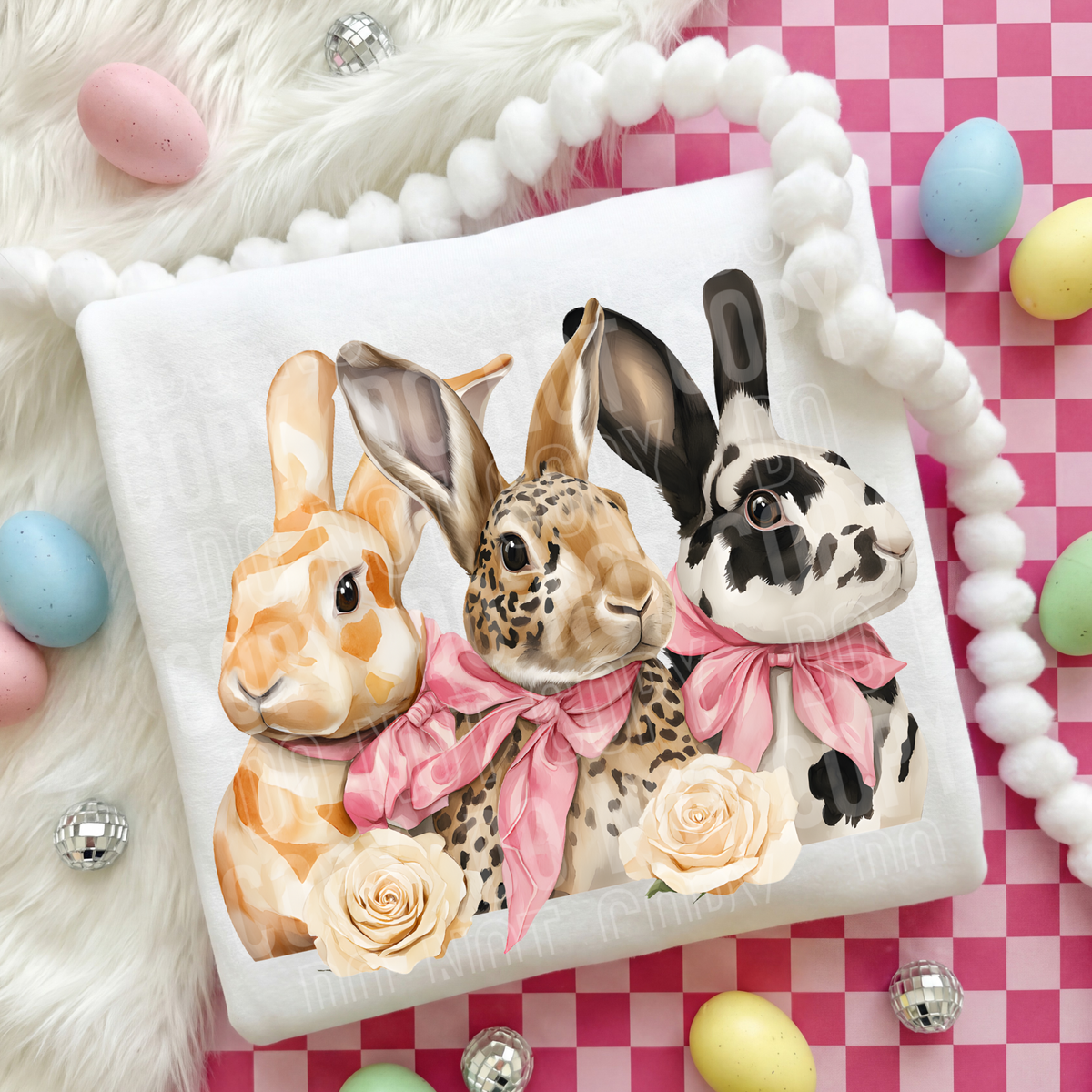 Three easter bunnies with pink bows & roses (SBB) DTF transfer