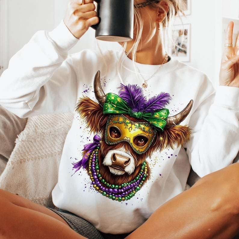Mardi Gras cow with mask and splats 80945 DTF transfer