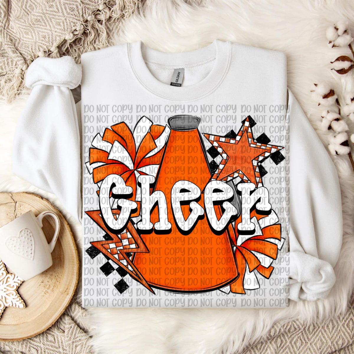 Cheer white words ORANGE megaphone and pom poms  VP DTF transfer