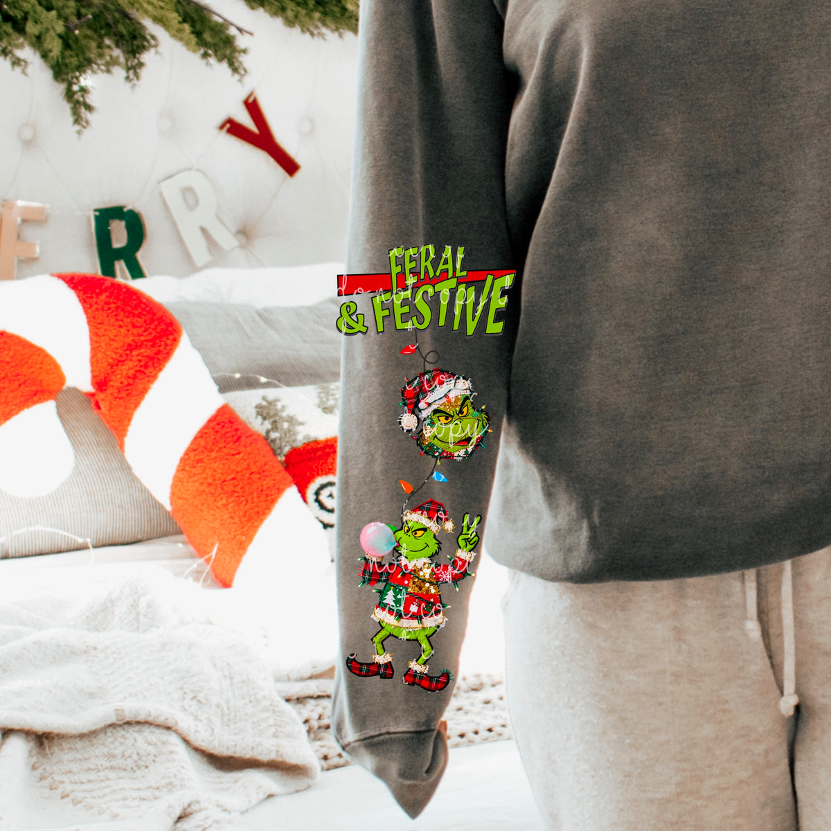 Feral festive green guy SLEEVE (HW) DTF transfer