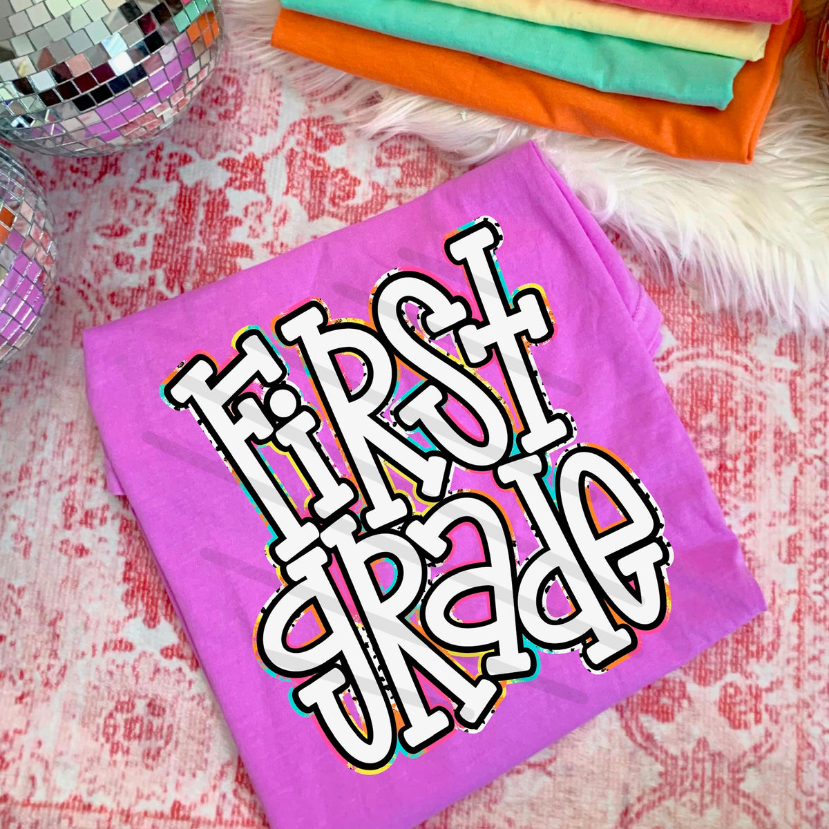 First Grade rainbow and Dalmatian dots (saved) 114425 DTF transfer