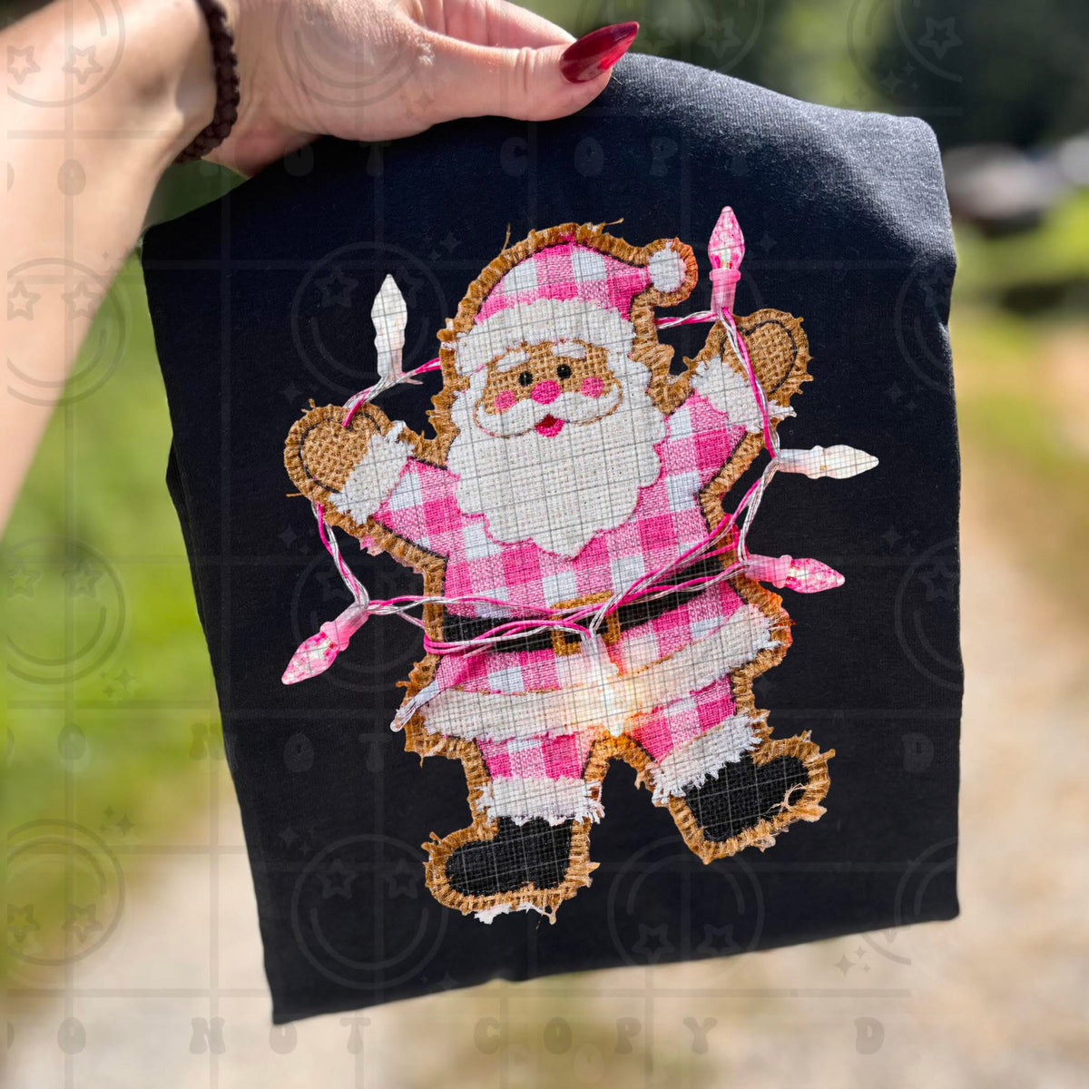 Pink plaid Santa wrapped in lights (HW) DTF Transfer