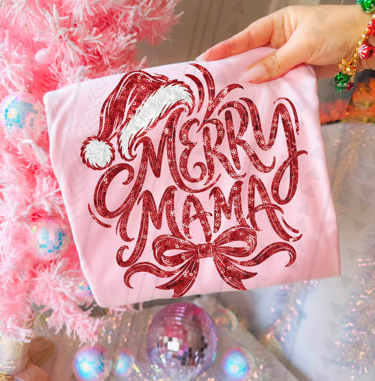 Merry mama red glitter hat and bow (KAI) DTF Transfer