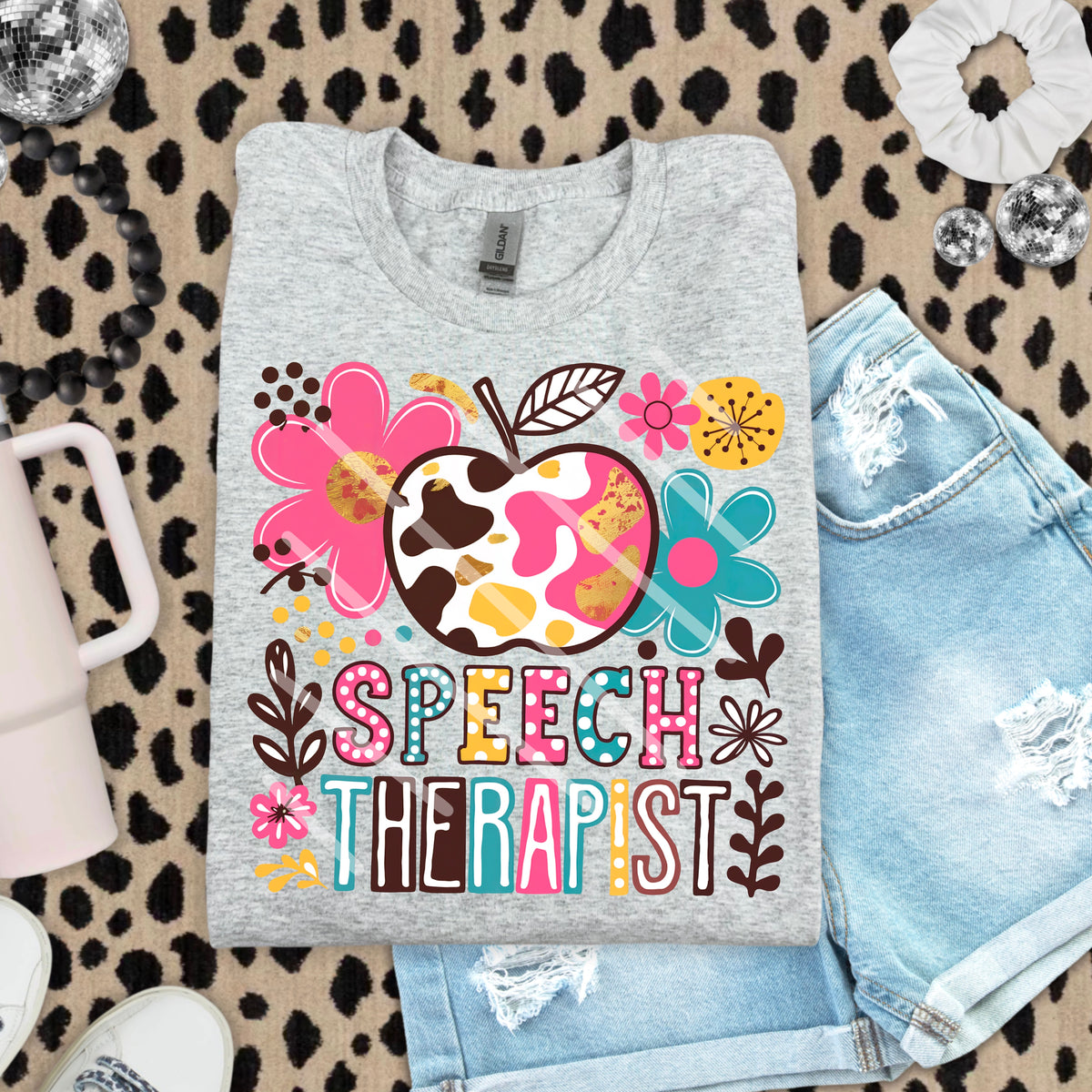 Speech Therapist Abstract Florals with Apple 110832 DTF Transfer