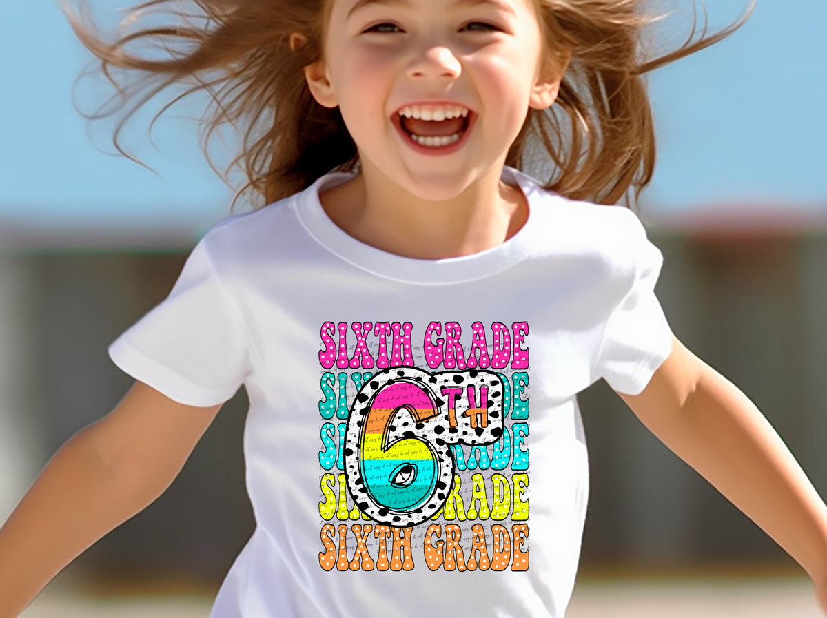 6th grade repeat print polka and rainbow 49780 DTF transfer