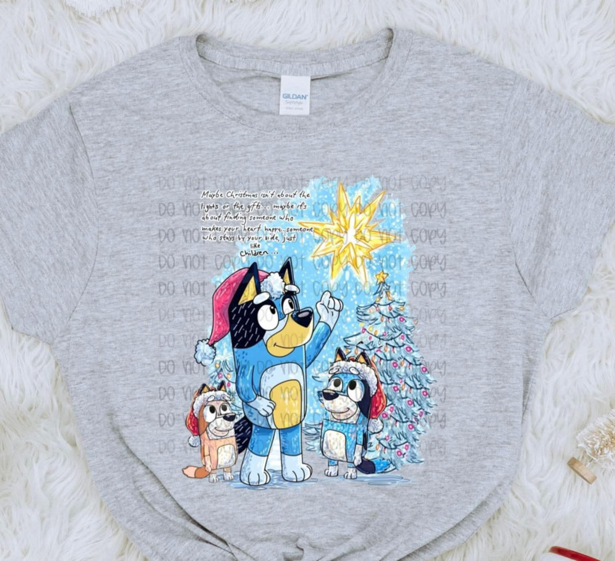 Maybe Christmas blue dogs and tree SSD DTF transfer