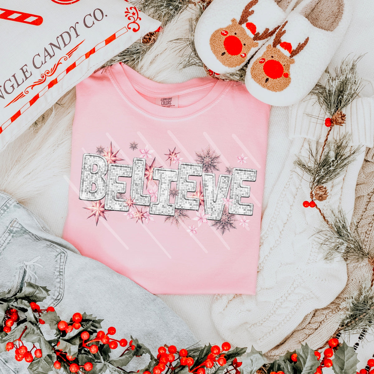Believe LIGHT SILVER faux sequin letters and snowflakes 111646 DTF transfer