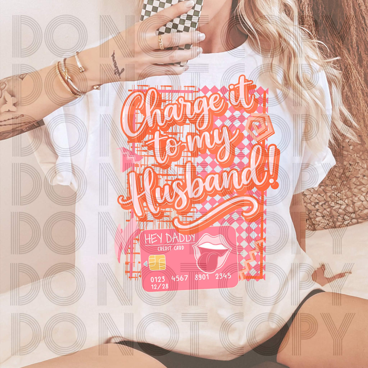 Charge it to my husband (card with lips) (renewed) DTF Transfer