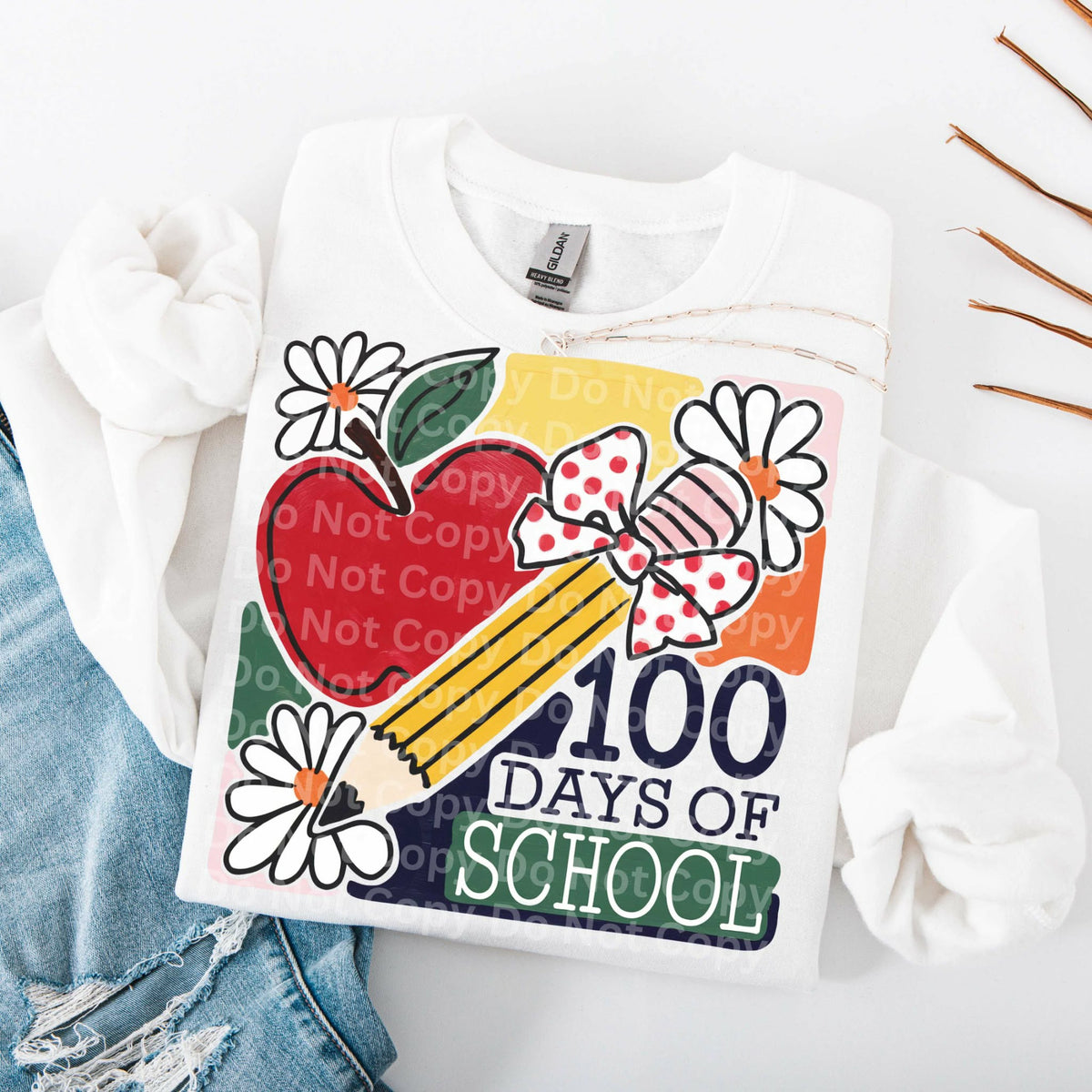 100 days of school pencil & apple (irene) DTF transfer