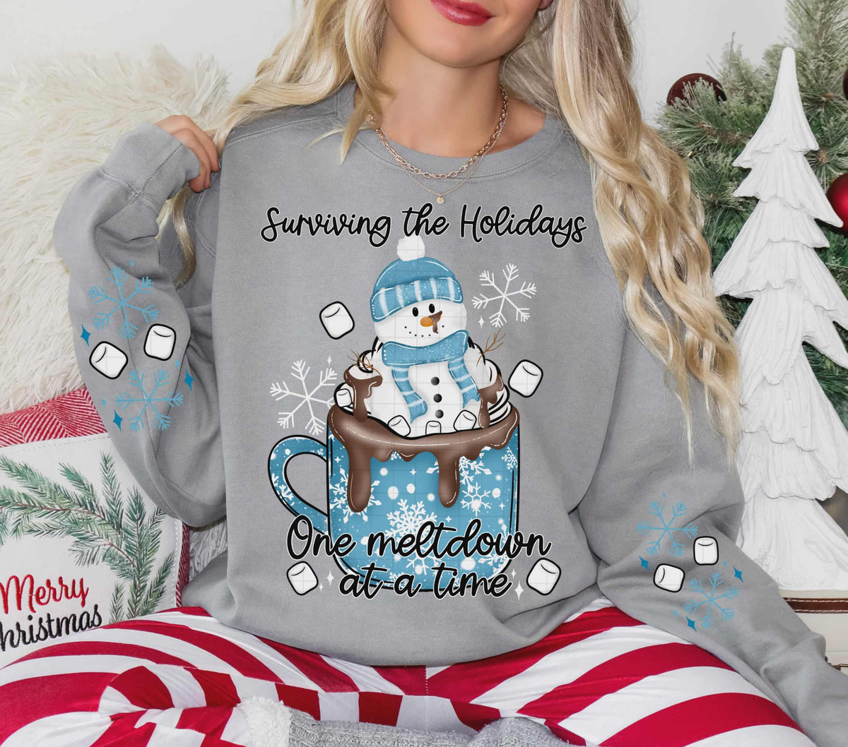 Surviving the holidays snowman blue mug (front only) (linda) DTF Transfer