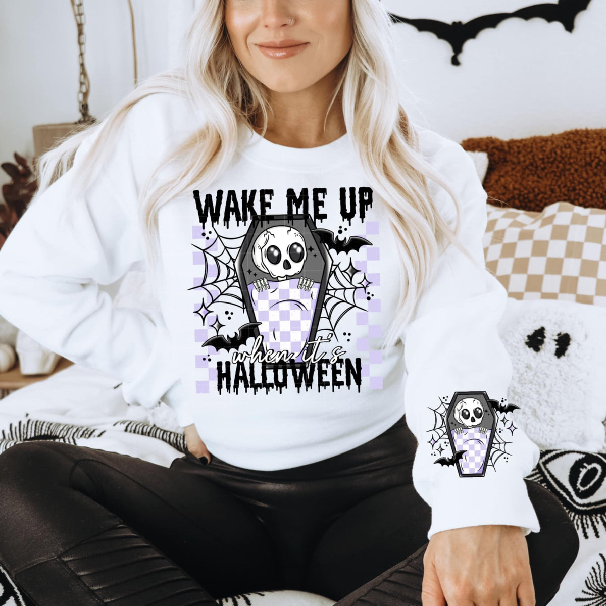 Wake me up when it’s Halloween black font FRONT (CSC) 96711 DTF transfer