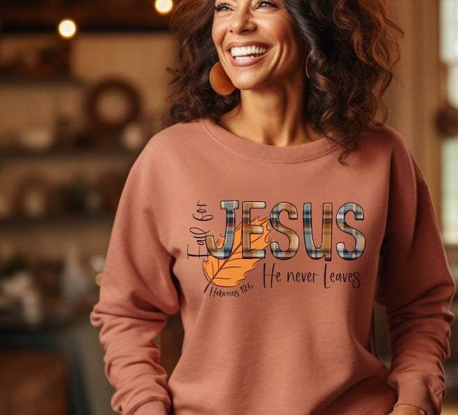 Fall for Jesus he never leaves plaid font 64284 DTF transfer