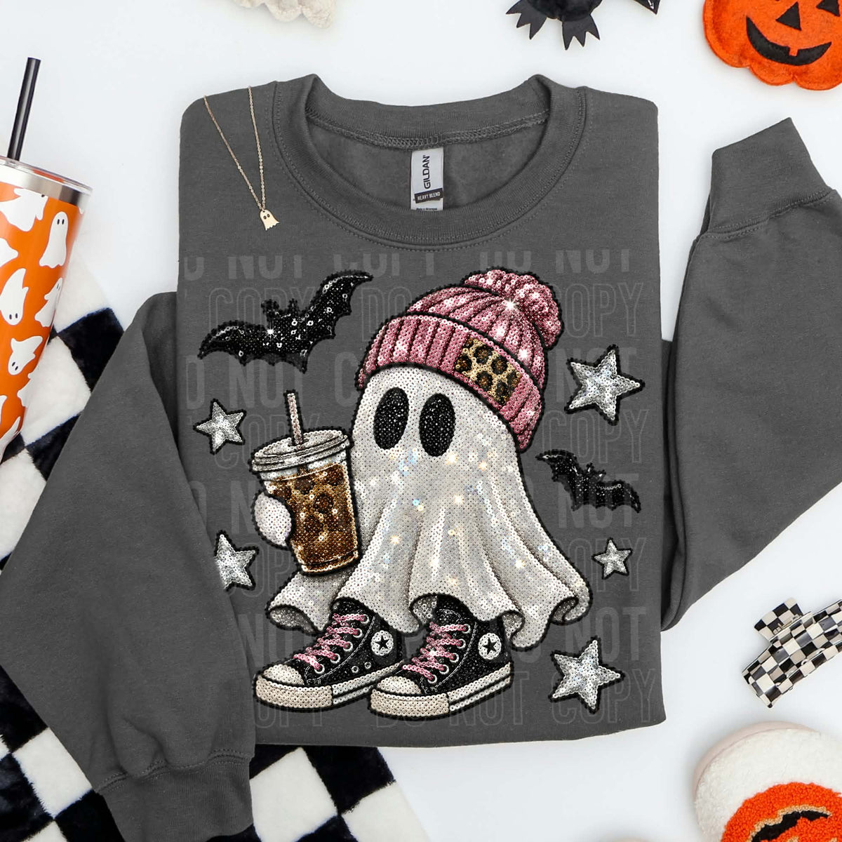 Ghost with converse pink strings pink hat leopard patch with coffee SBB DTF transfer