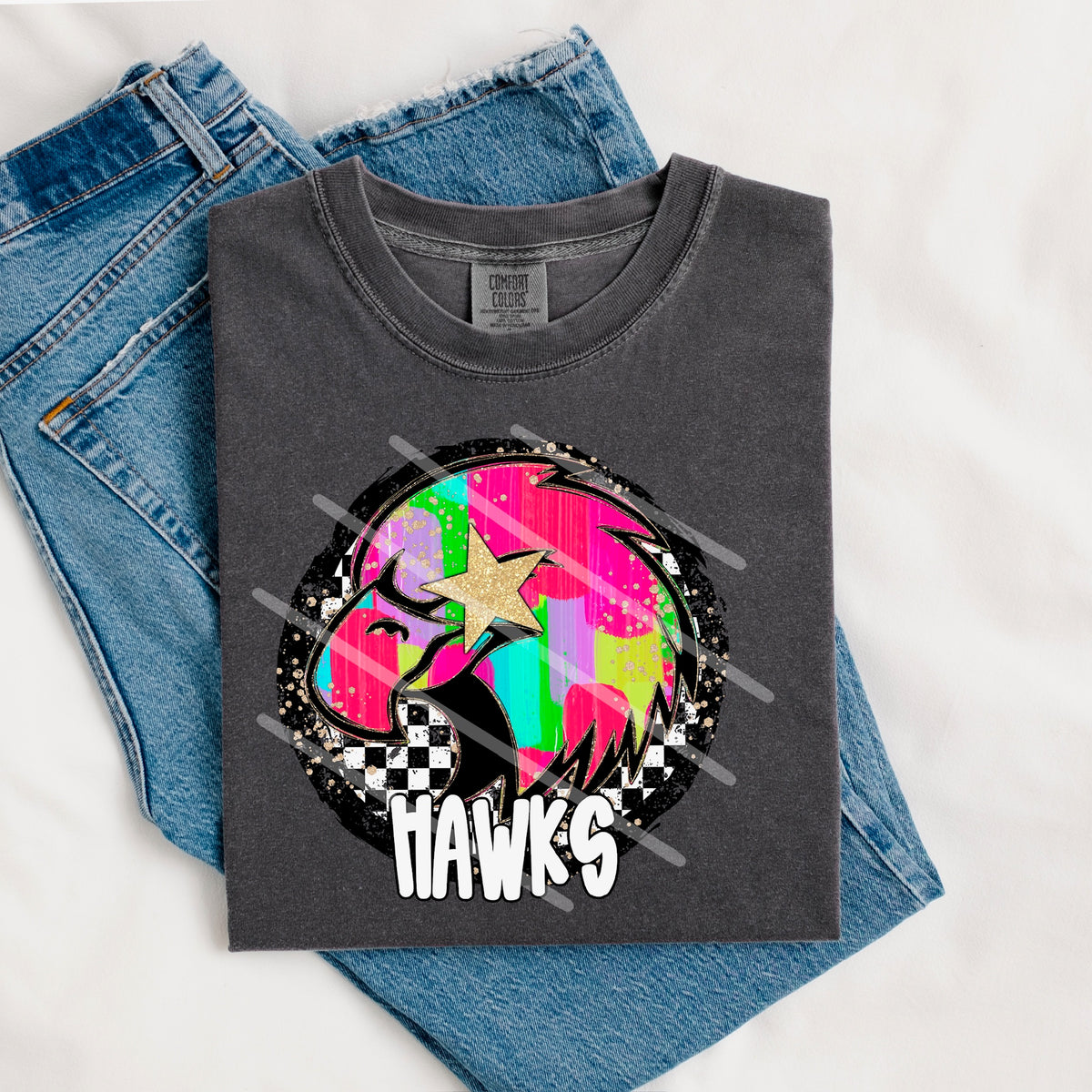 Hawks Mascot rainbow checker circle (county line) 111026 DTF transfer