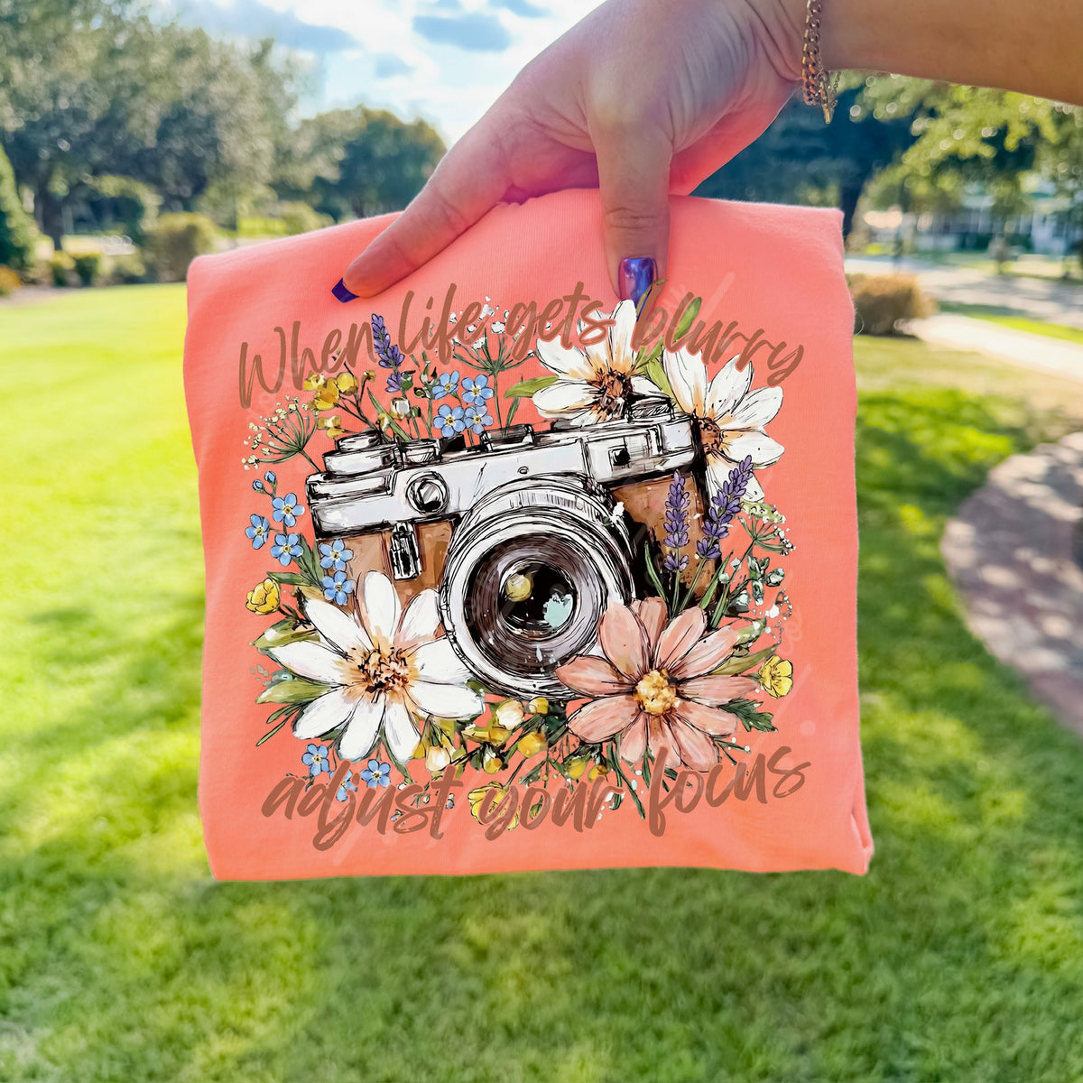 Adjust your focus floral camera tan words DTF Transfer