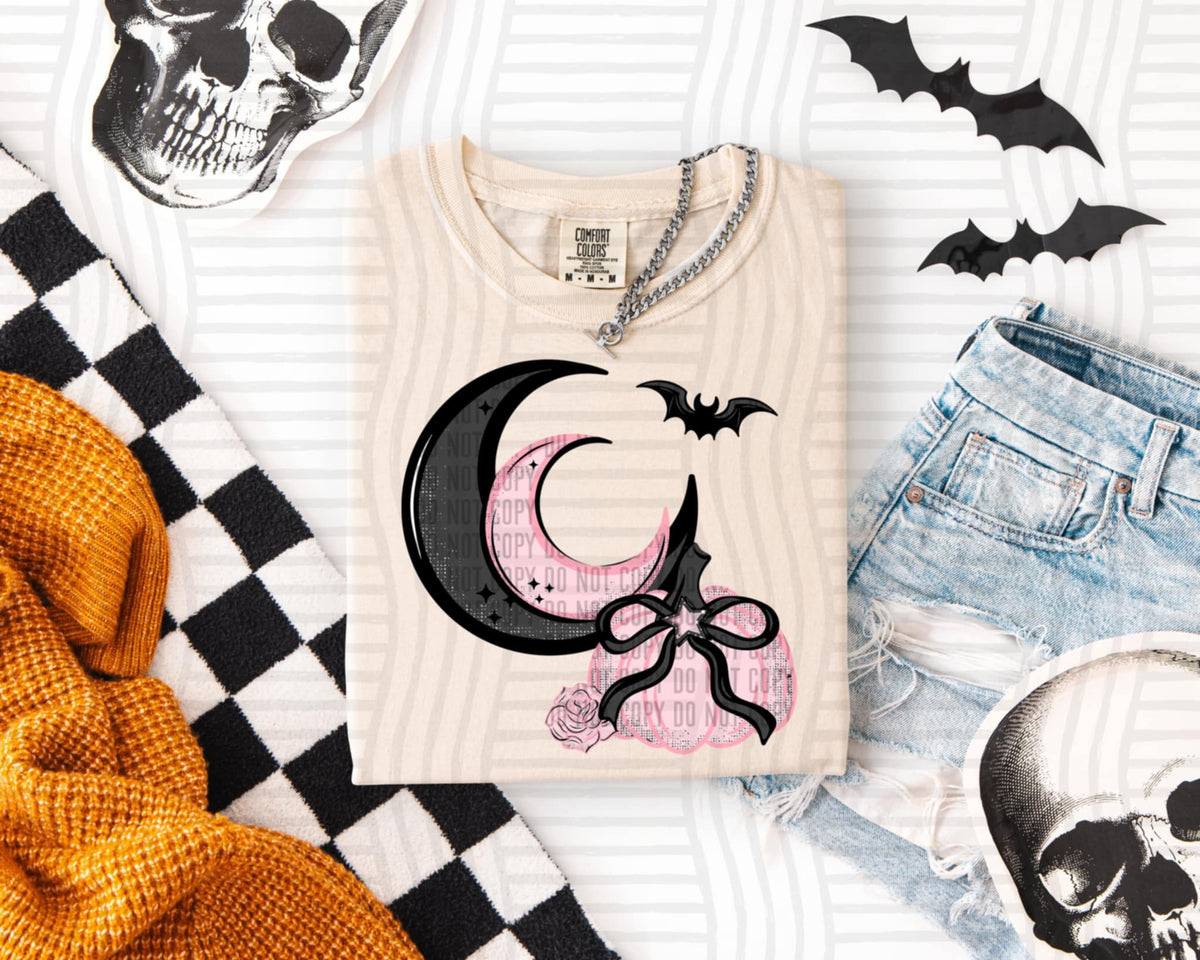 Black and pink moons with pink pumpkin (caplinger) DTF transfer