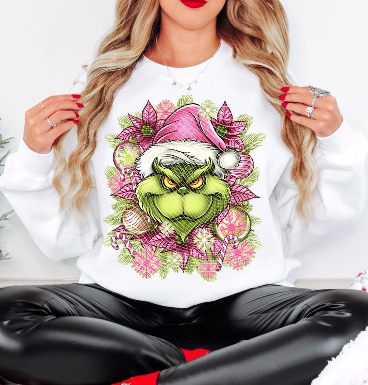 Green Guy Pink Hat With ornamanets and candy canes AG DTF transfer