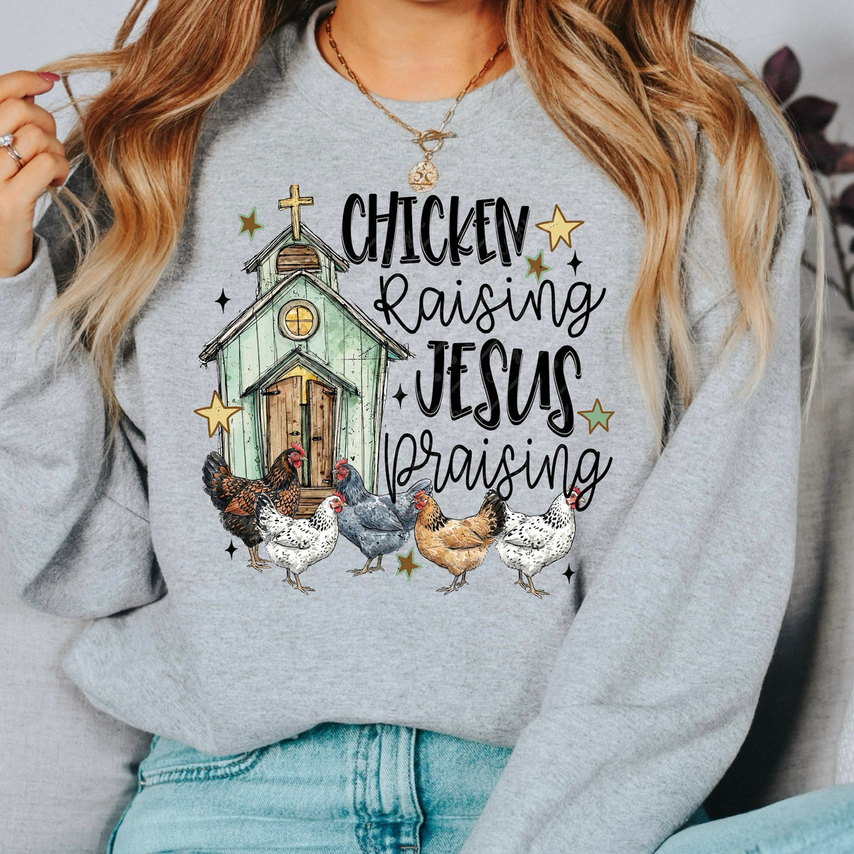 Chicken raising Jesus praying black words DTF Transfer
