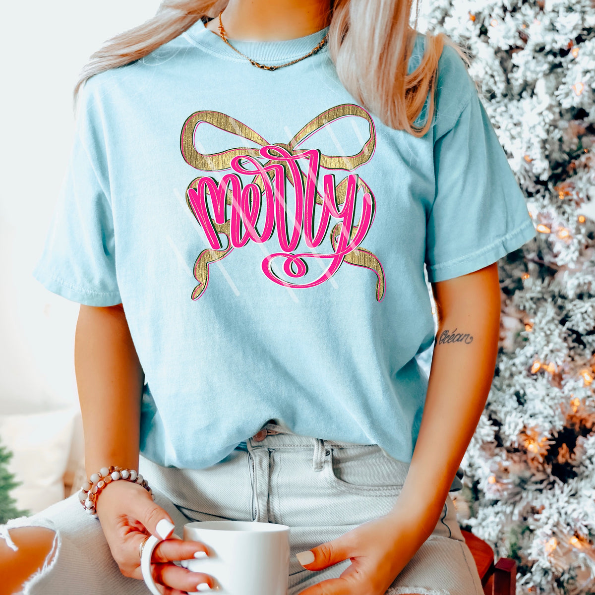 Pink Merry with gold bow 113630 DTF Transfer