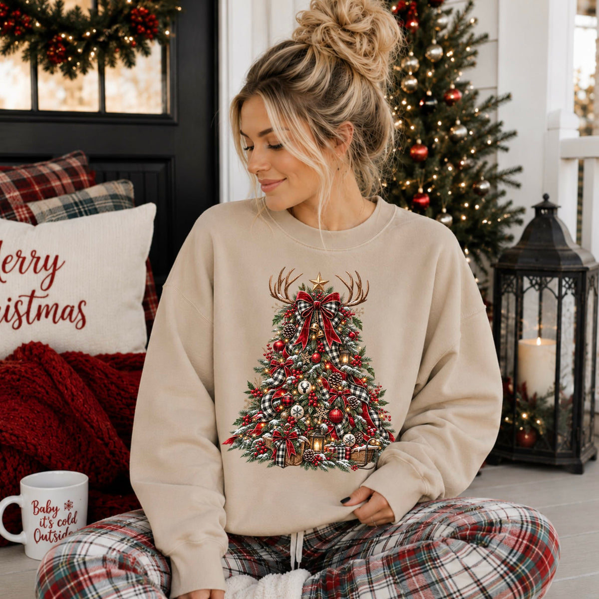 Christmas tree plaid ribbon and ornaments with antlers (SDD) DTF transfer
