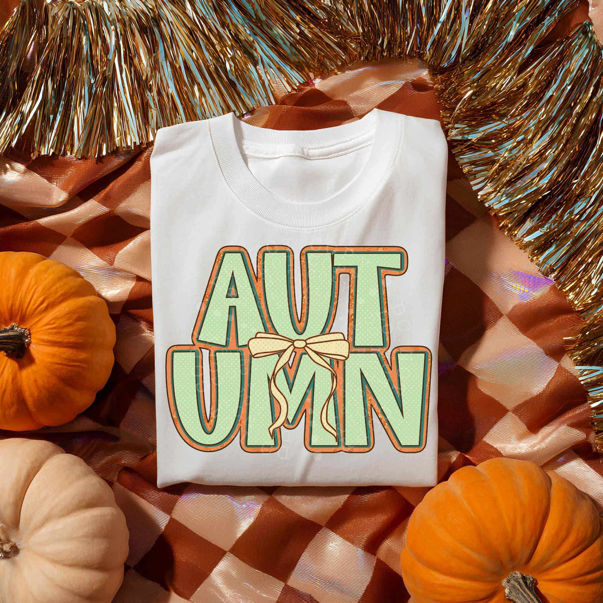 Autumn green wording orange outline yellow bow (c’s) DTF transfer
