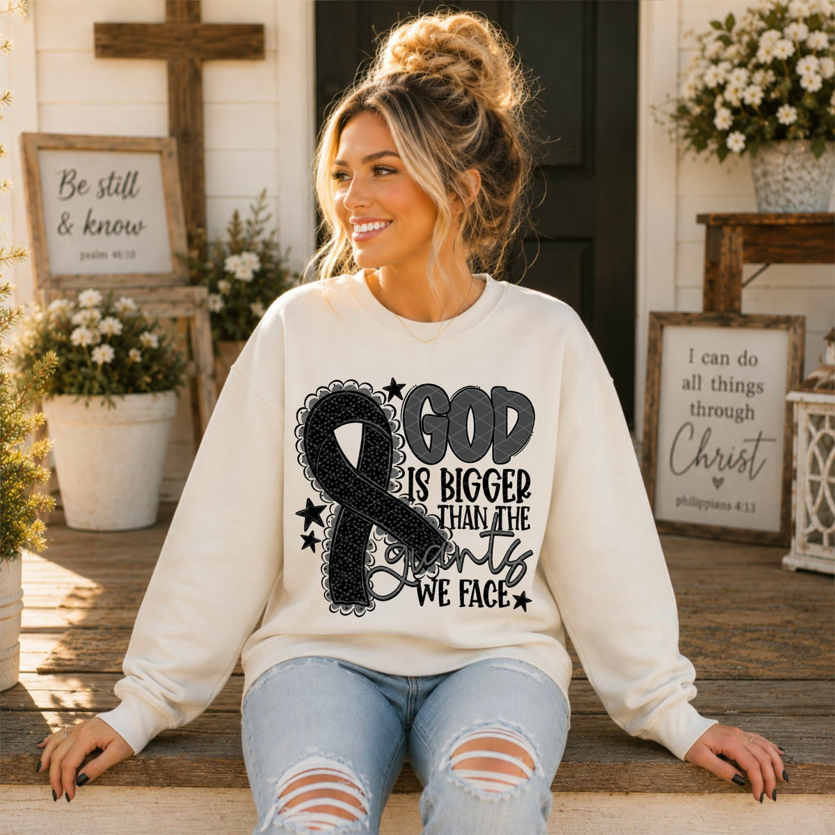 God is bigger than the giants we face BLACK ribbon (SDD) DTF Transfer
