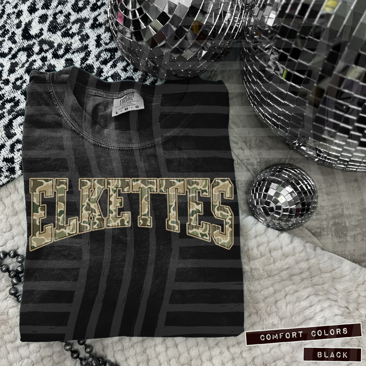 Elkettes faux glitter camo arched (Caplinger) DTF transfer