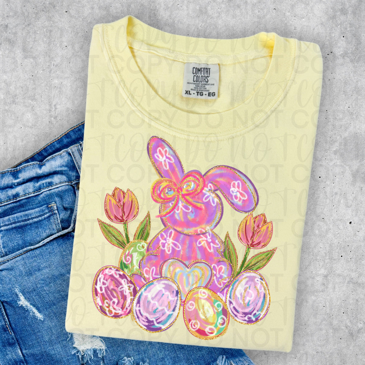 Brushstrokes bunny with bow eggs and flowers (UAC) DTF Transfer