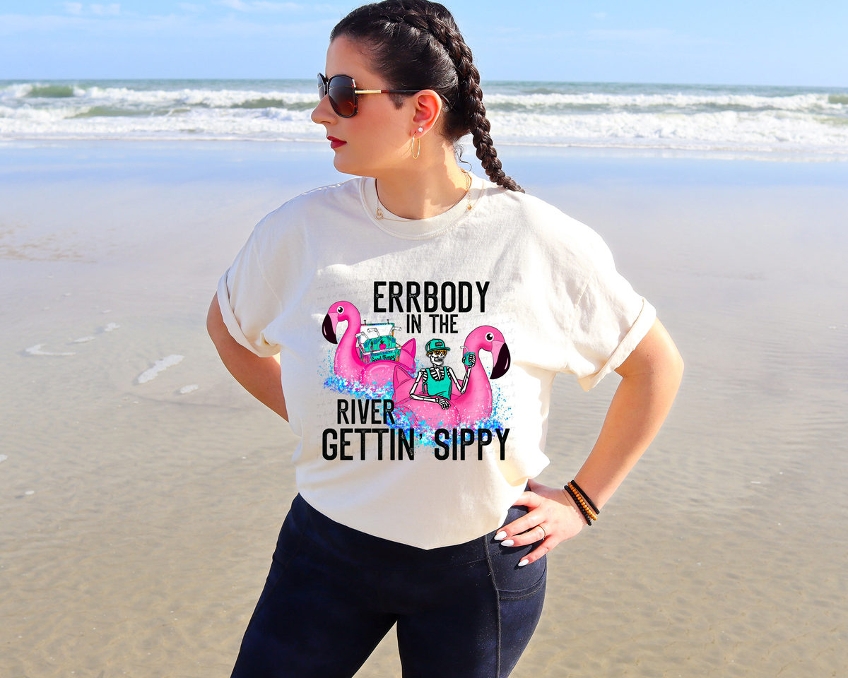 Errbody In The River Gettin Sippy Pink Flamingos Skellie 115910 DTF Transfer