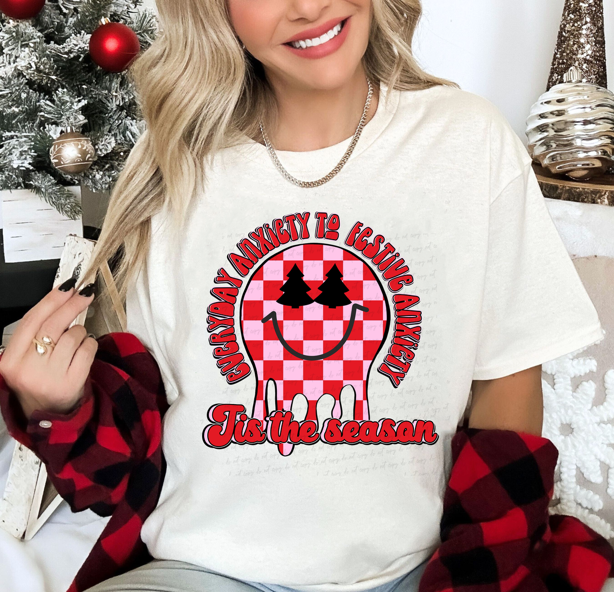 Everyday Anxiety To Festive Anxiety Tis The Season Red Pink and Red Drippy Smiley Face 115015 DTF Transfer