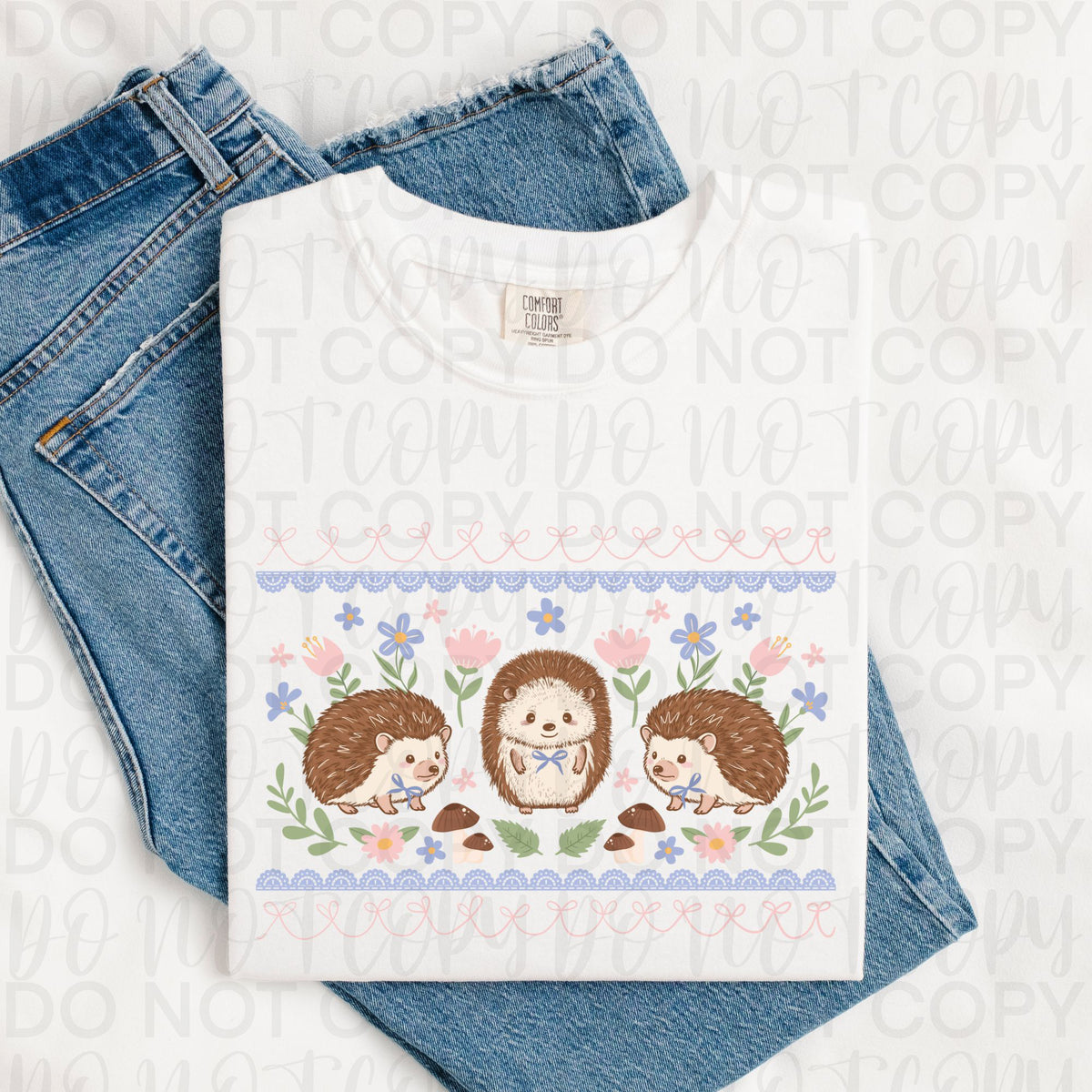 Hedgehog trio blue border with flowers (UAC) DTF Transfer