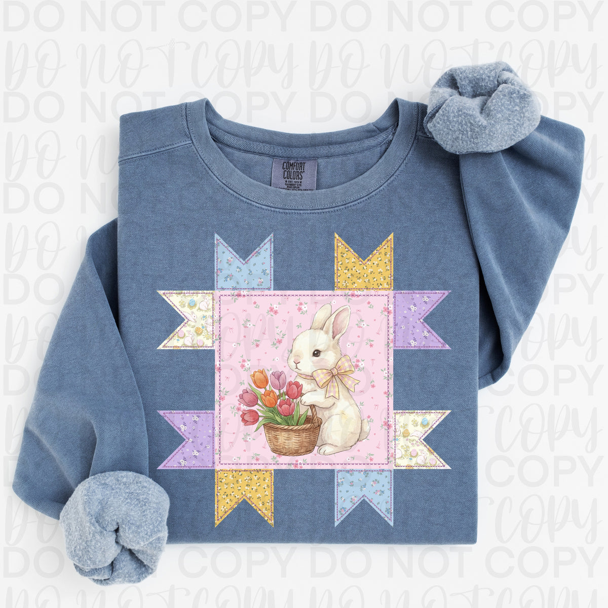 Bunny with basket of flowers (patchwork background) (UAC) DTF Transfer