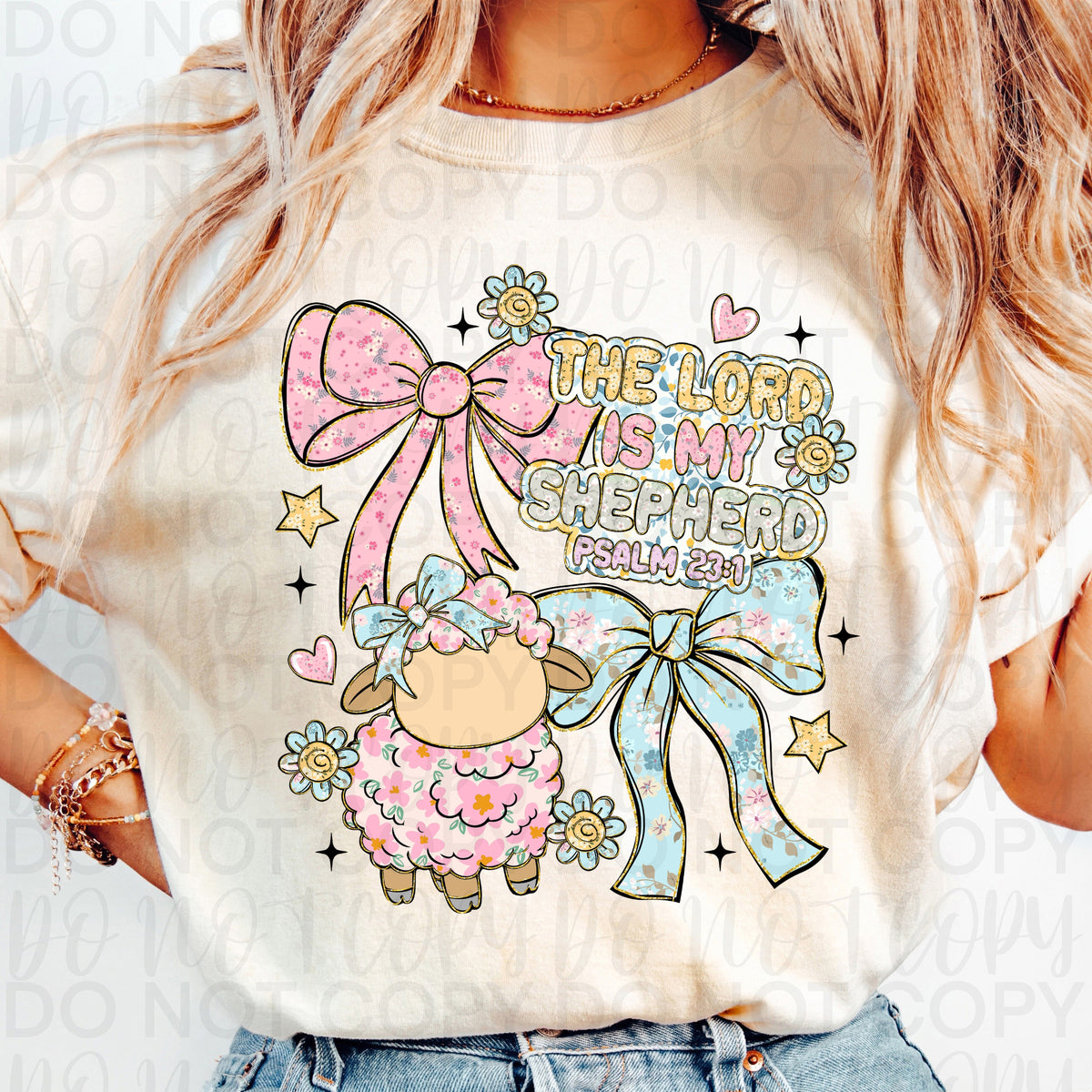 The lord is my shepherd (sheep pink and blue bows) (UAC) DTF Transfer