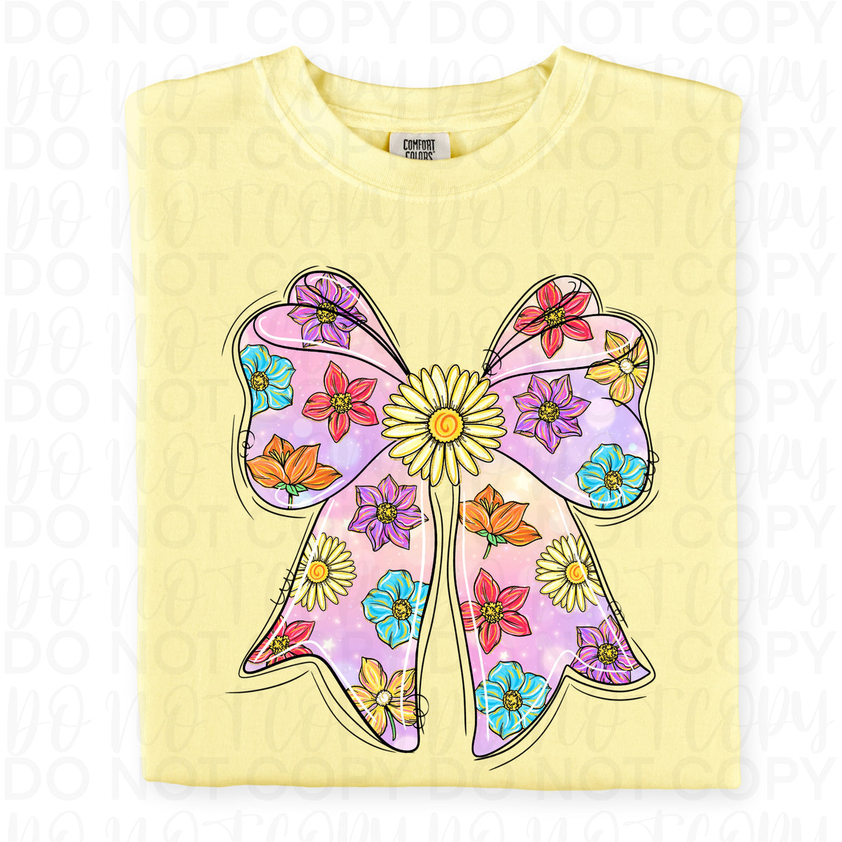 Pink and purple bow with flowers and yellow flower center (UAC) DTF Transfer