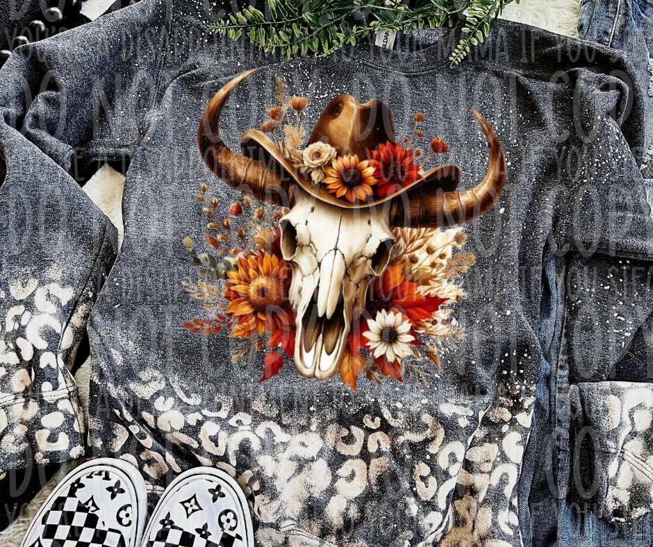Bull skull cowboy hat with fall flowers (vintage) 53769 DTF transfer